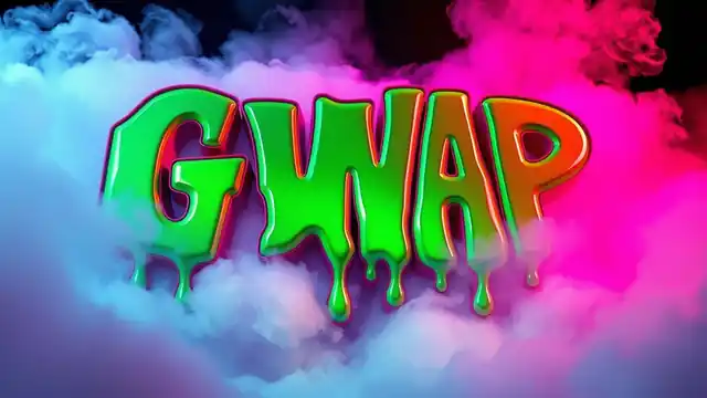 Gwap logo emerging through blue and pink smoke